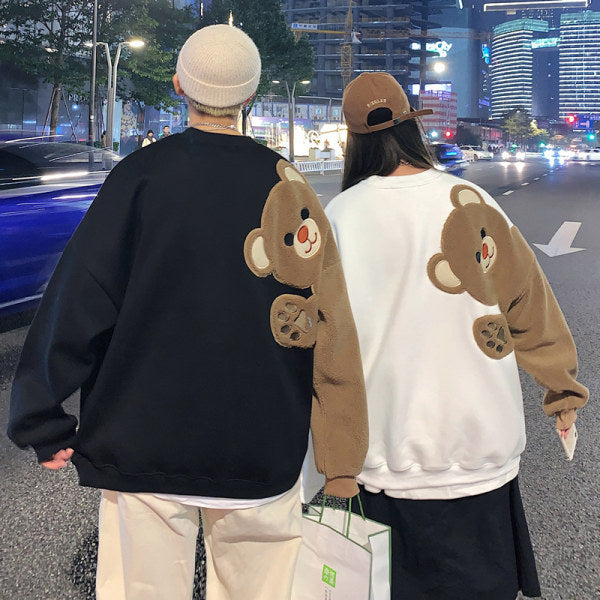 Cute Bear Cartoon Hoodie for Women Loose Fit Casual Couple Sweatshirt Autumn Winter Fashion Outerwear