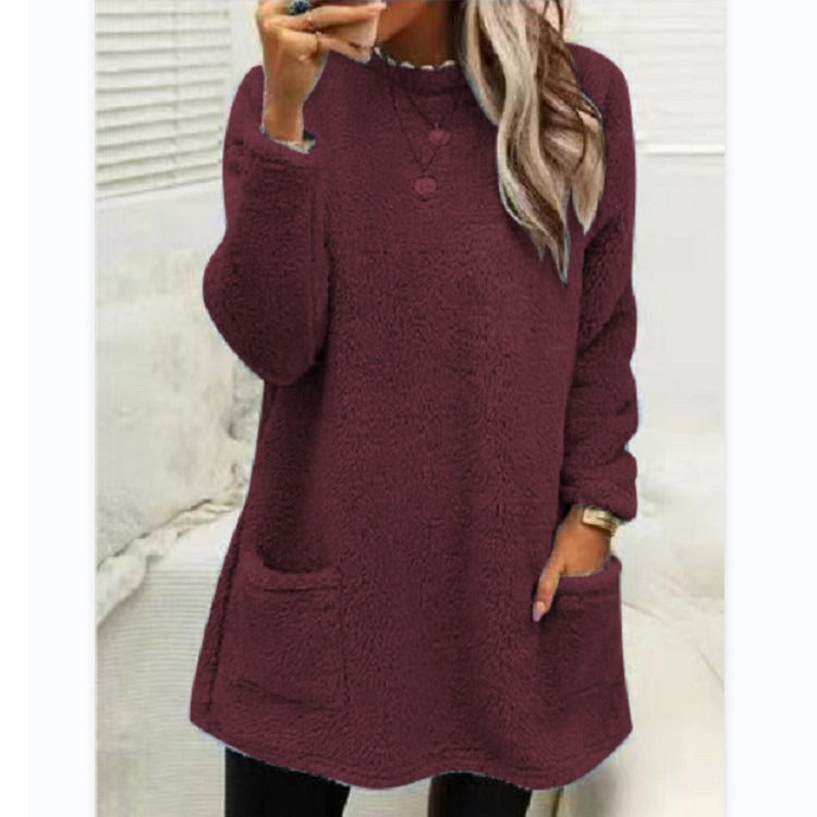 Round Neck Long Sleeve Pocket Double-Sided Velvet Sweater Women's Velvet