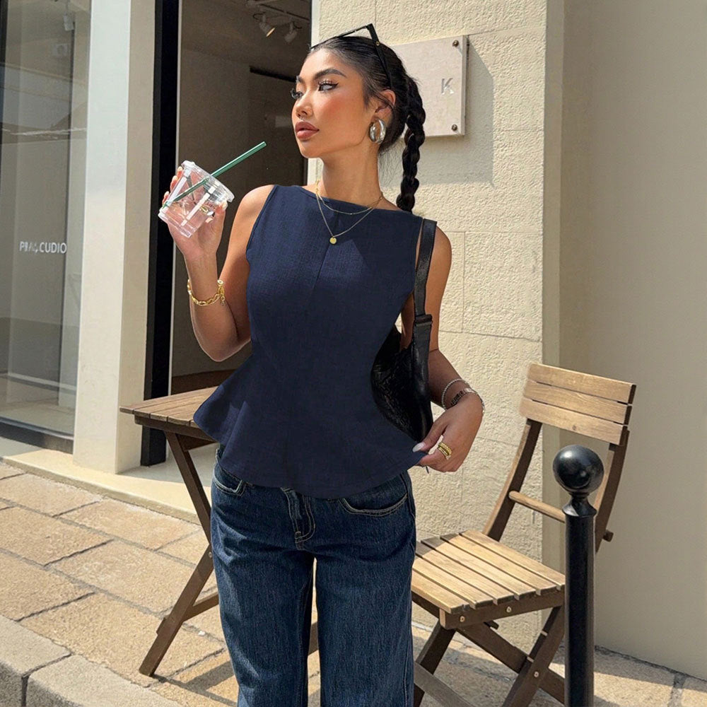 Sleeveless Fitted Top for Women with Ruffle Hem, Backless Bow Tie, Office Casual Versatile Style