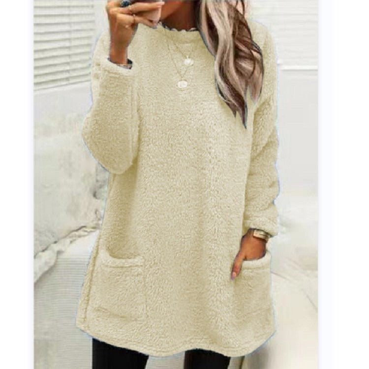 Round Neck Long Sleeve Pocket Double-Sided Velvet Sweater Women's Velvet