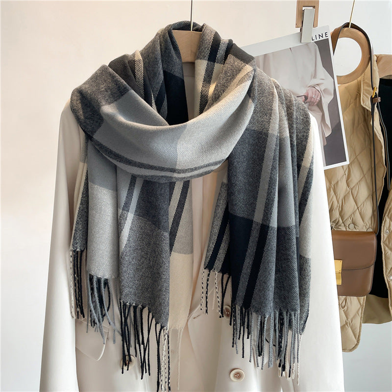 Chic Checkered Scarf for Women Men's Neck Warmer Long Fringed Versatile Couple Scarf Faux Cashmere