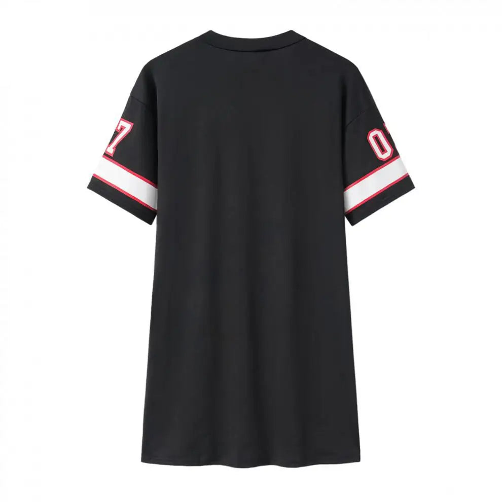 New Fashion V-Neck Queen Letters Print Dress Short Sleeve Basketball Sporty Style Sexy Loose Female Clothing Streetwear