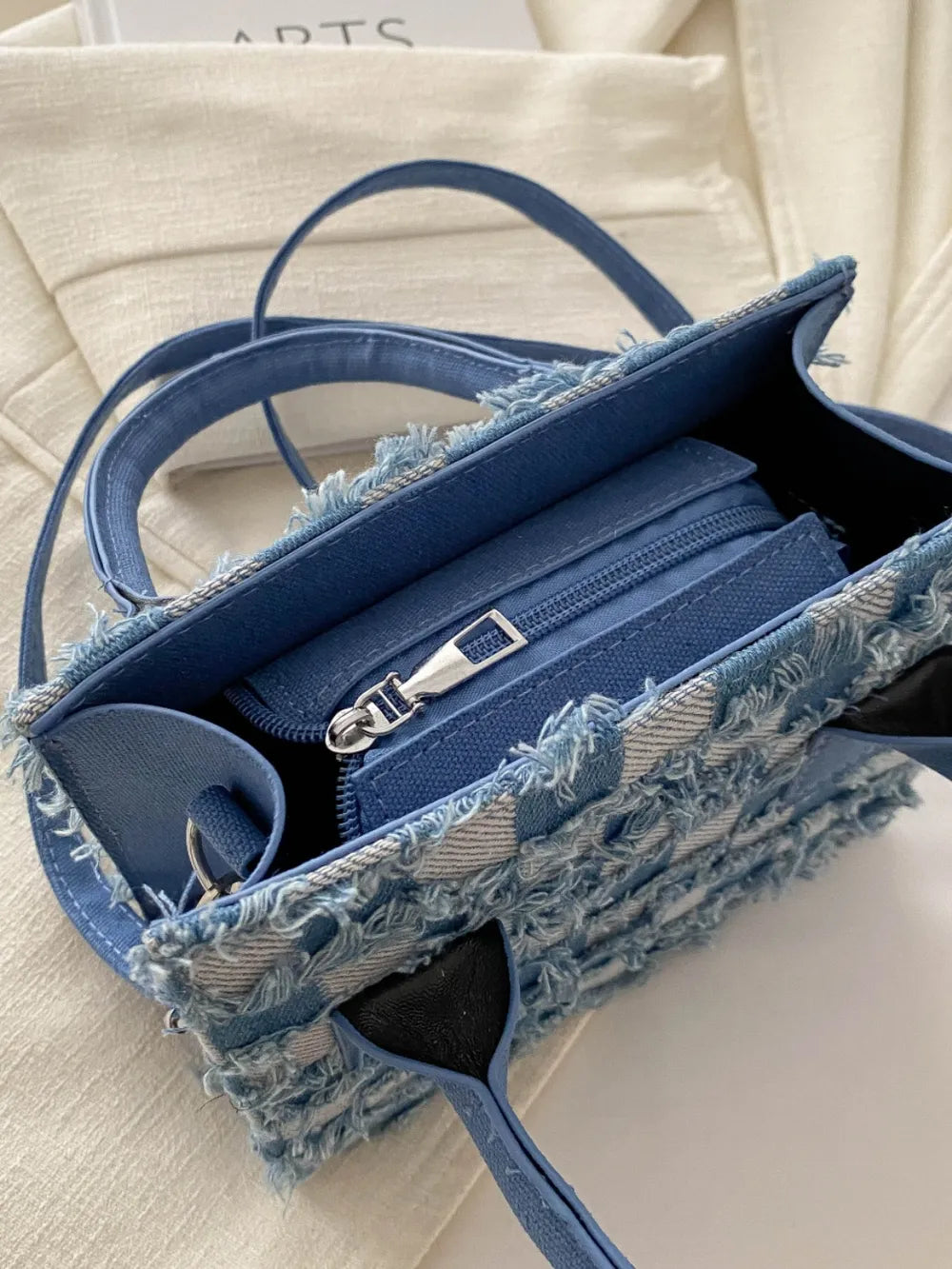 Raw Hem Checkered Denim Handbag
