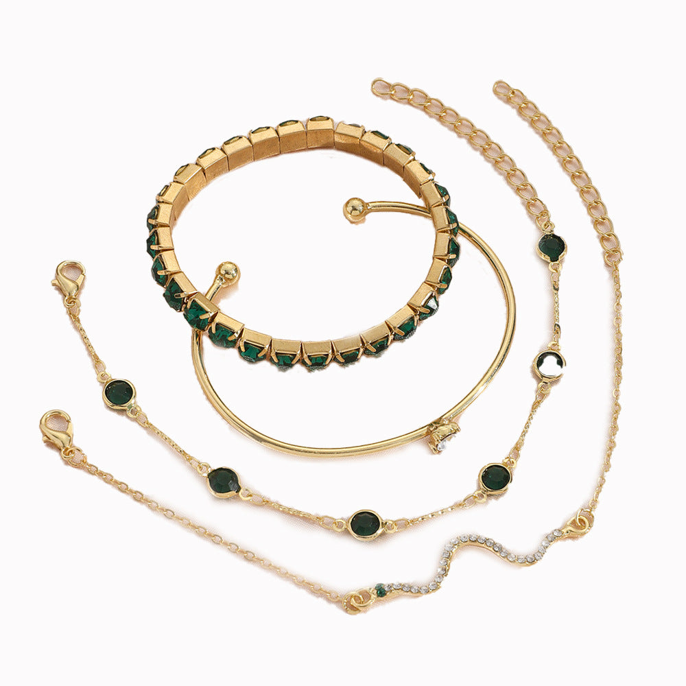 4pcs Bracelet Suit Fashion Green Grandmother Diamond Stretch Bracelet Women's Set