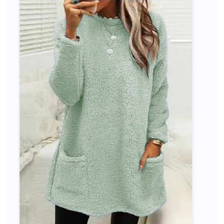 Round Neck Long Sleeve Pocket Double-Sided Velvet Sweater Women's Velvet