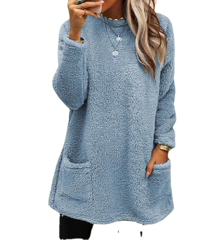 Round Neck Long Sleeve Pocket Double-Sided Velvet Sweater Women's Velvet