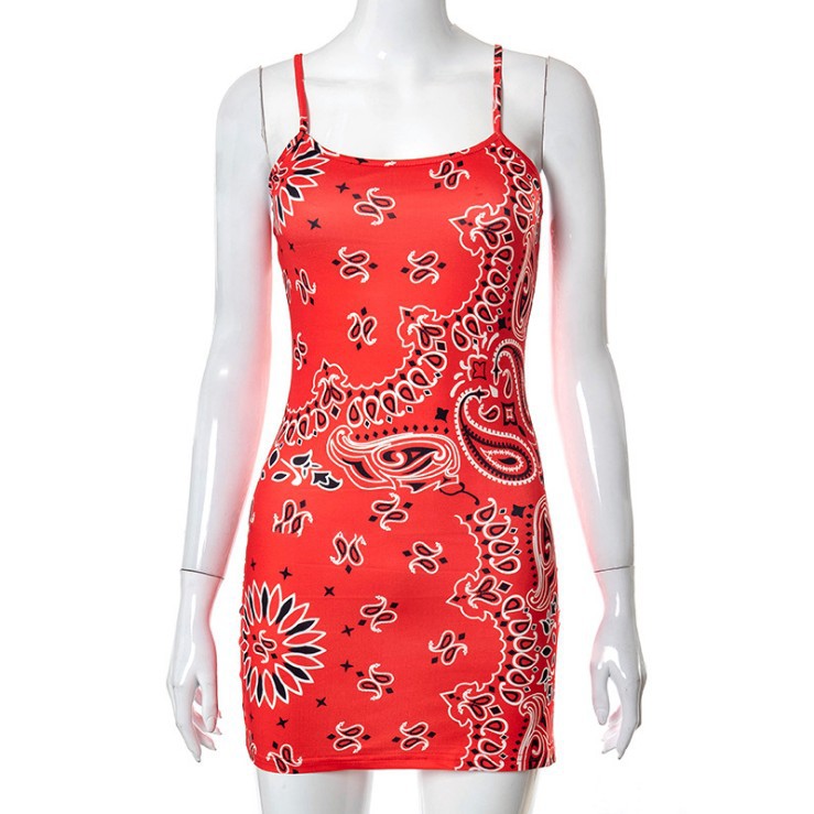 Paisley Printed Suspender Sheath Ultra-short Dress