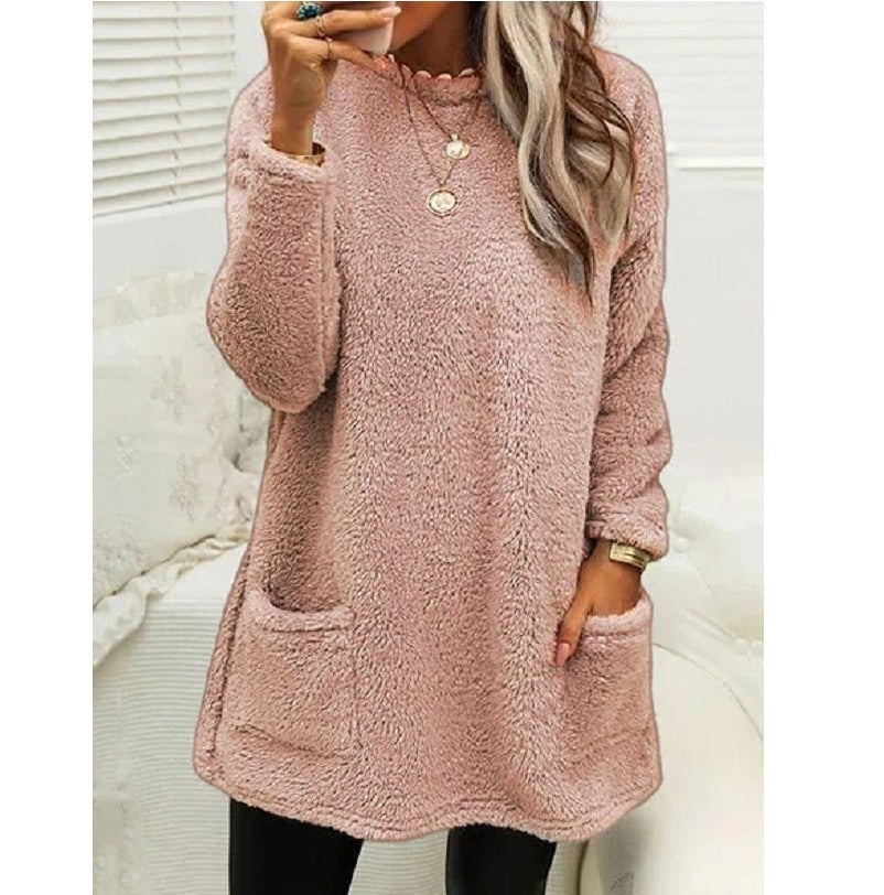 Round Neck Long Sleeve Pocket Double-Sided Velvet Sweater Women's Velvet