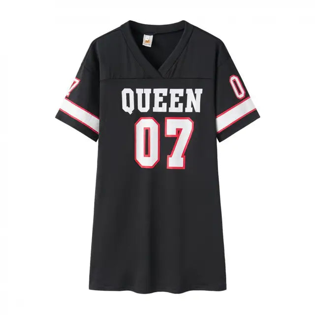 New Fashion V-Neck Queen Letters Print Dress Short Sleeve Basketball Sporty Style Sexy Loose Female Clothing Streetwear
