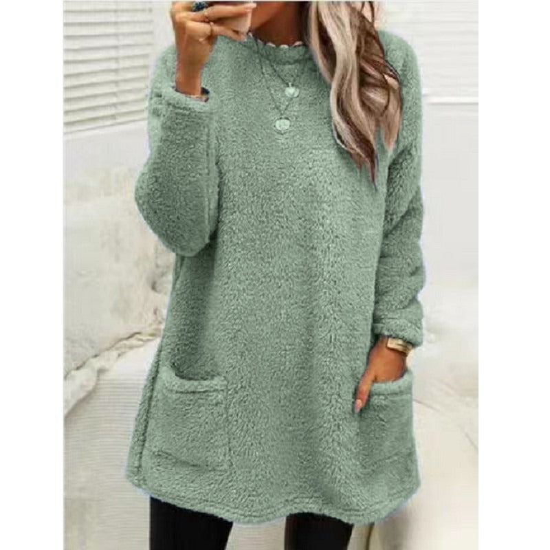 Round Neck Long Sleeve Pocket Double-Sided Velvet Sweater Women's Velvet