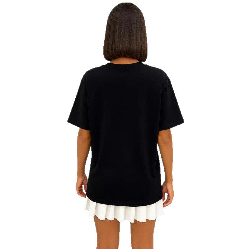 Spotted dog pattern round neck loose short sleeved top for women