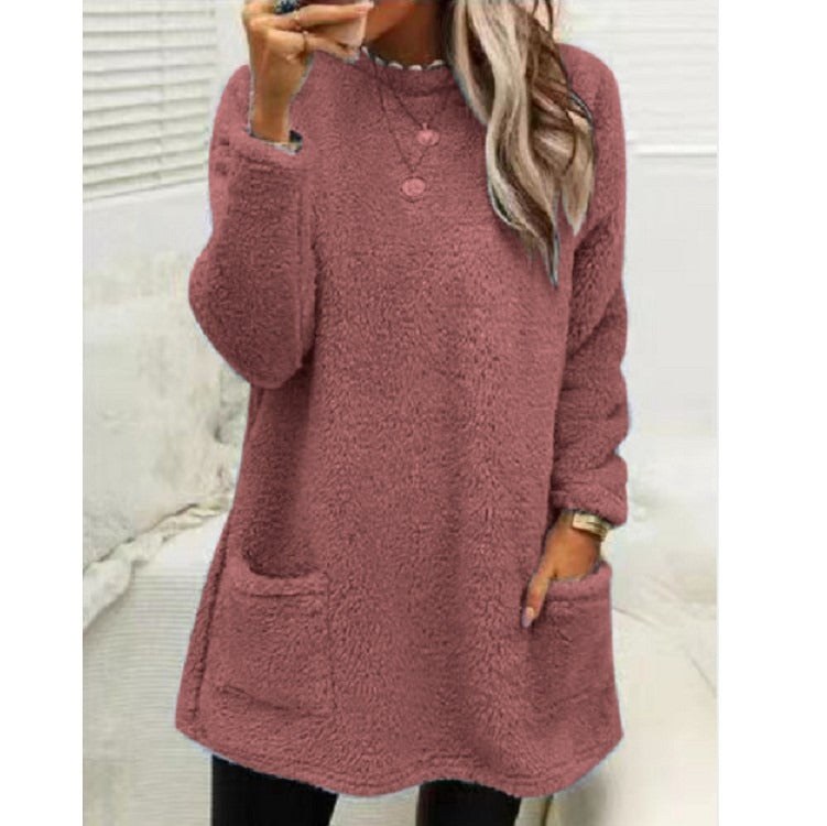 Round Neck Long Sleeve Pocket Double-Sided Velvet Sweater Women's Velvet