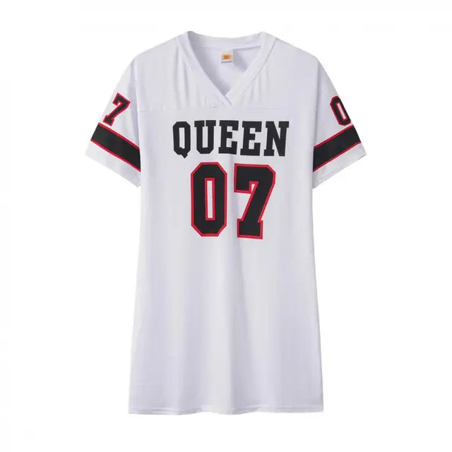 New Fashion V-Neck Queen Letters Print Dress Short Sleeve Basketball Sporty Style Sexy Loose Female Clothing Streetwear