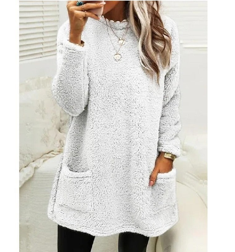 Round Neck Long Sleeve Pocket Double-Sided Velvet Sweater Women's Velvet