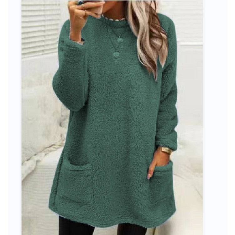 Round Neck Long Sleeve Pocket Double-Sided Velvet Sweater Women's Velvet