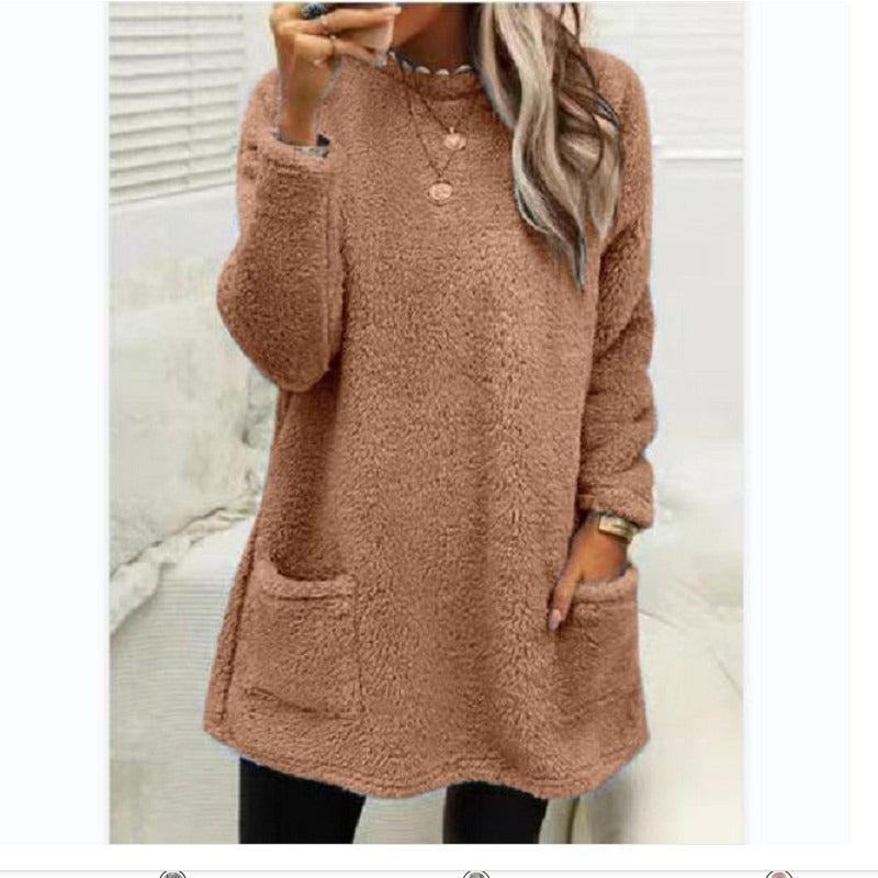 Round Neck Long Sleeve Pocket Double-Sided Velvet Sweater Women's Velvet