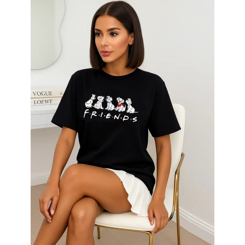 Spotted dog pattern round neck loose short sleeved top for women