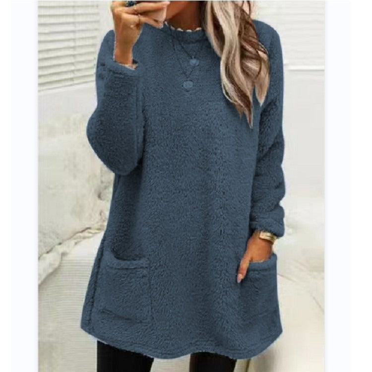 Round Neck Long Sleeve Pocket Double-Sided Velvet Sweater Women's Velvet
