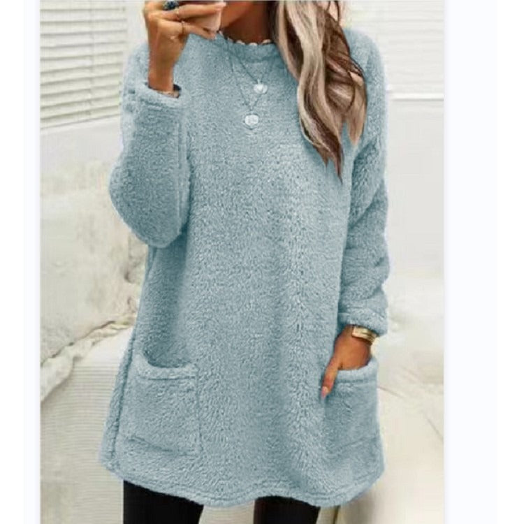 Round Neck Long Sleeve Pocket Double-Sided Velvet Sweater Women's Velvet