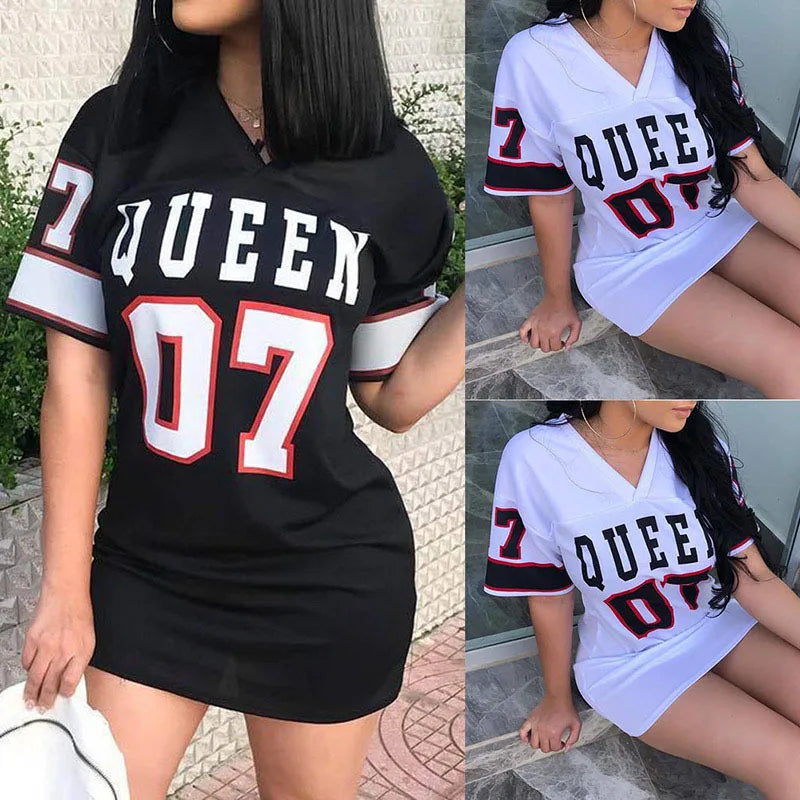 New Fashion V-Neck Queen Letters Print Dress Short Sleeve Basketball Sporty Style Sexy Loose Female Clothing Streetwear