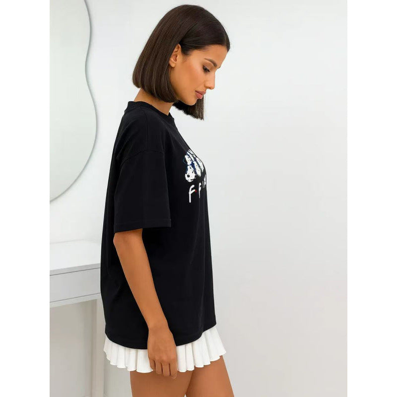 Spotted dog pattern round neck loose short sleeved top for women