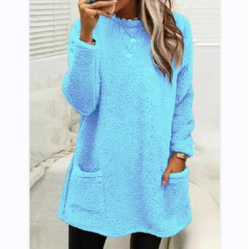 Round Neck Long Sleeve Pocket Double-Sided Velvet Sweater Women's Velvet
