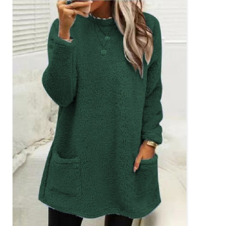 Round Neck Long Sleeve Pocket Double-Sided Velvet Sweater Women's Velvet