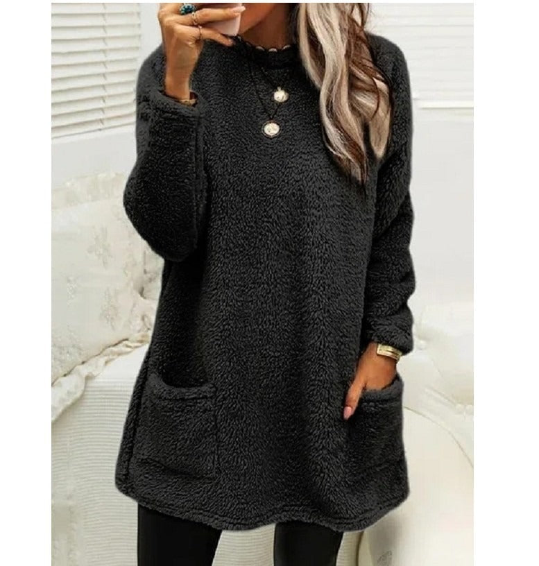 Round Neck Long Sleeve Pocket Double-Sided Velvet Sweater Women's Velvet