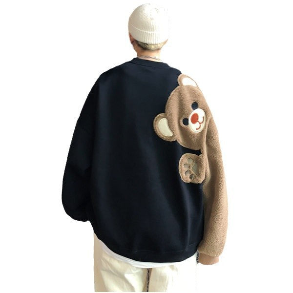 Cute Bear Cartoon Hoodie for Women Loose Fit Casual Couple Sweatshirt Autumn Winter Fashion Outerwear