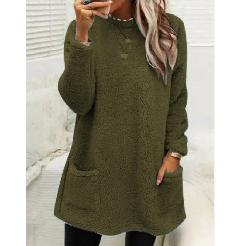 Round Neck Long Sleeve Pocket Double-Sided Velvet Sweater Women's Velvet
