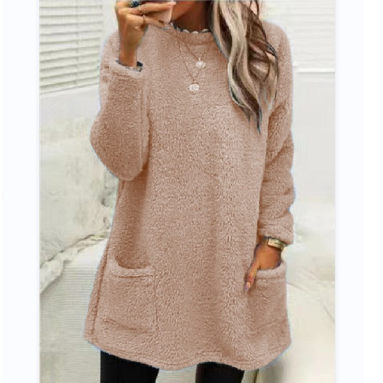 Round Neck Long Sleeve Pocket Double-Sided Velvet Sweater Women's Velvet