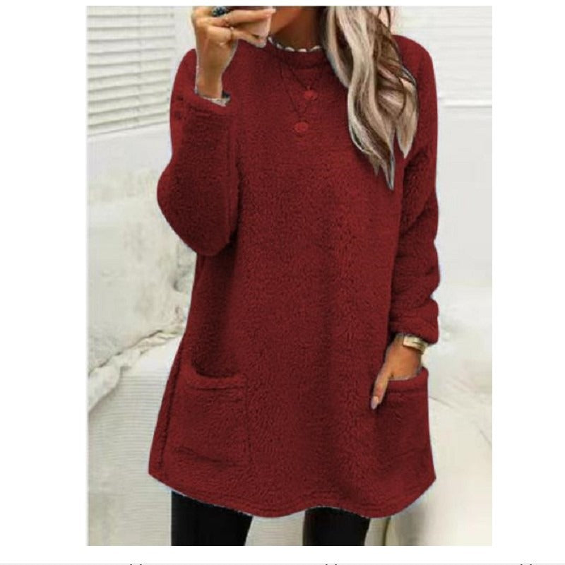 Round Neck Long Sleeve Pocket Double-Sided Velvet Sweater Women's Velvet