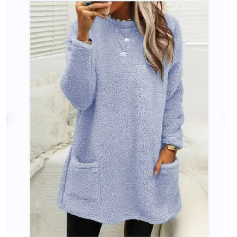Round Neck Long Sleeve Pocket Double-Sided Velvet Sweater Women's Velvet
