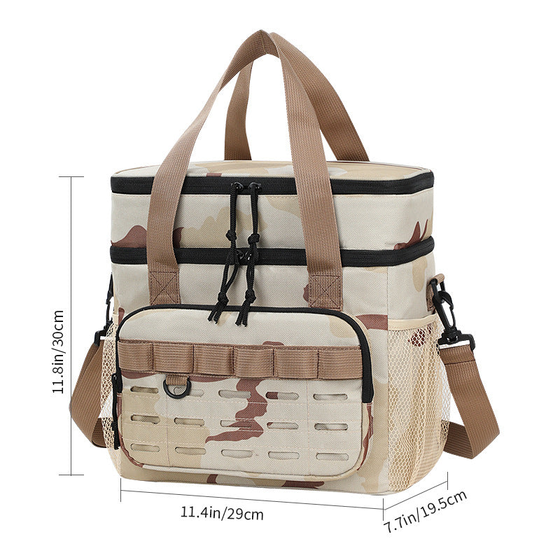 Outdoor Double-Layer Cooler Bag with Camouflage Design, Large Capacity Shoulder Tote for Picnics and Food Delivery