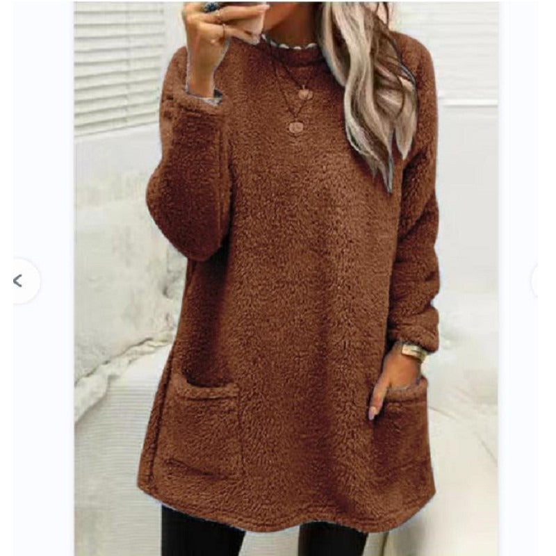 Round Neck Long Sleeve Pocket Double-Sided Velvet Sweater Women's Velvet