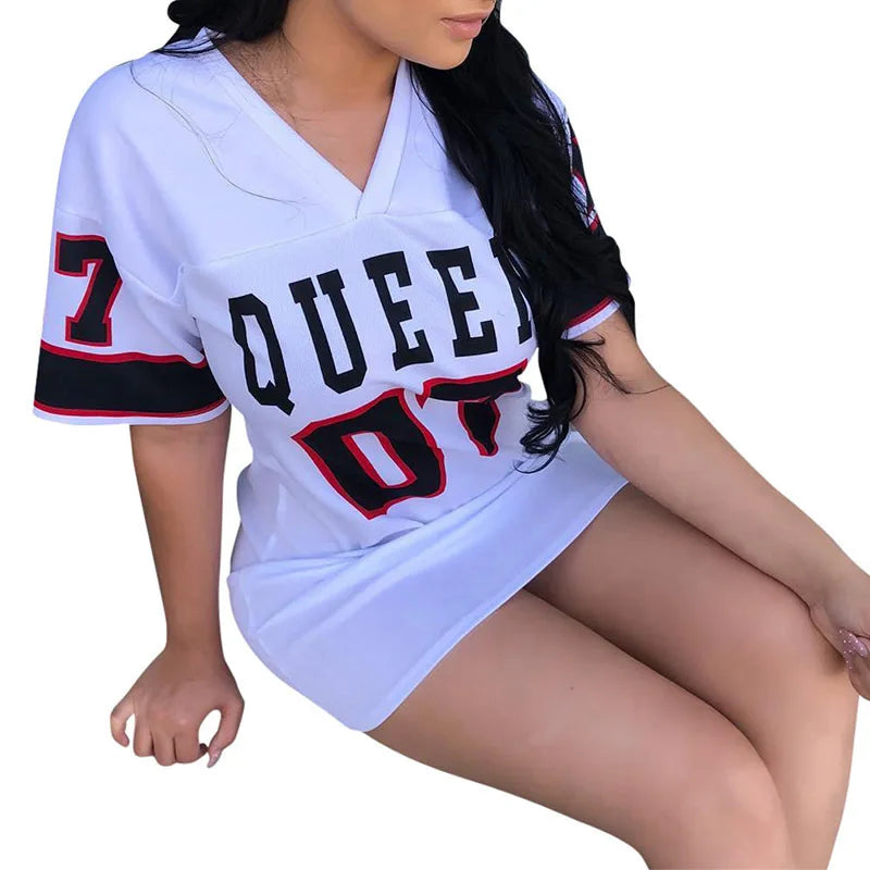 New Fashion V-Neck Queen Letters Print Dress Short Sleeve Basketball Sporty Style Sexy Loose Female Clothing Streetwear