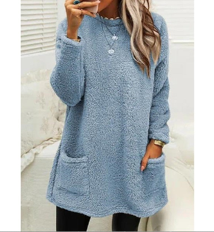 Round Neck Long Sleeve Pocket Double-Sided Velvet Sweater Women's Velvet