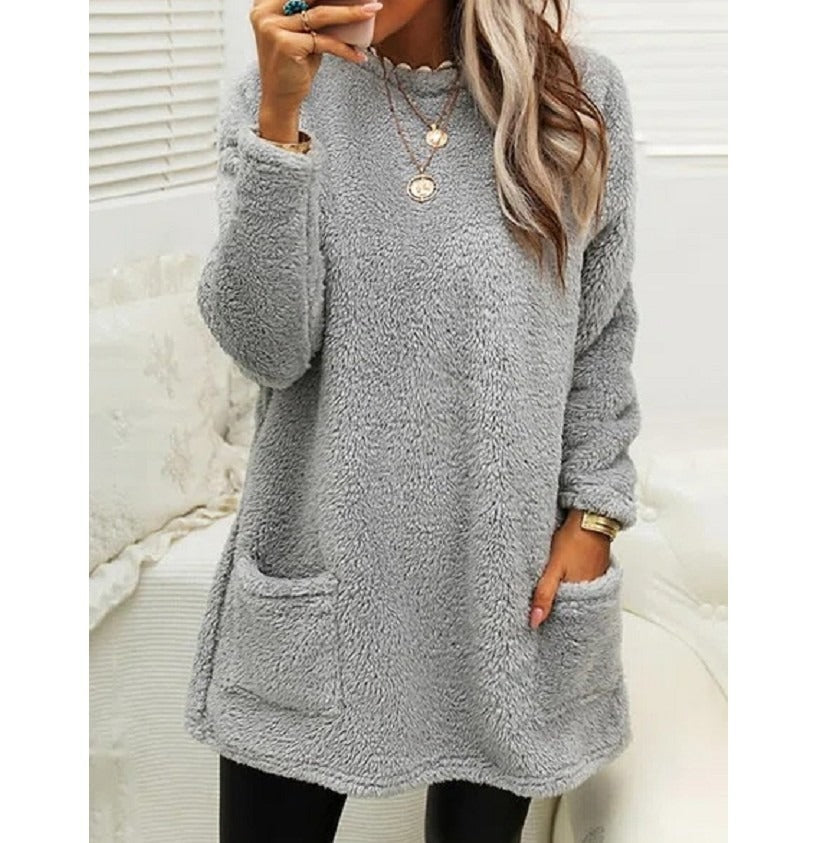 Round Neck Long Sleeve Pocket Double-Sided Velvet Sweater Women's Velvet
