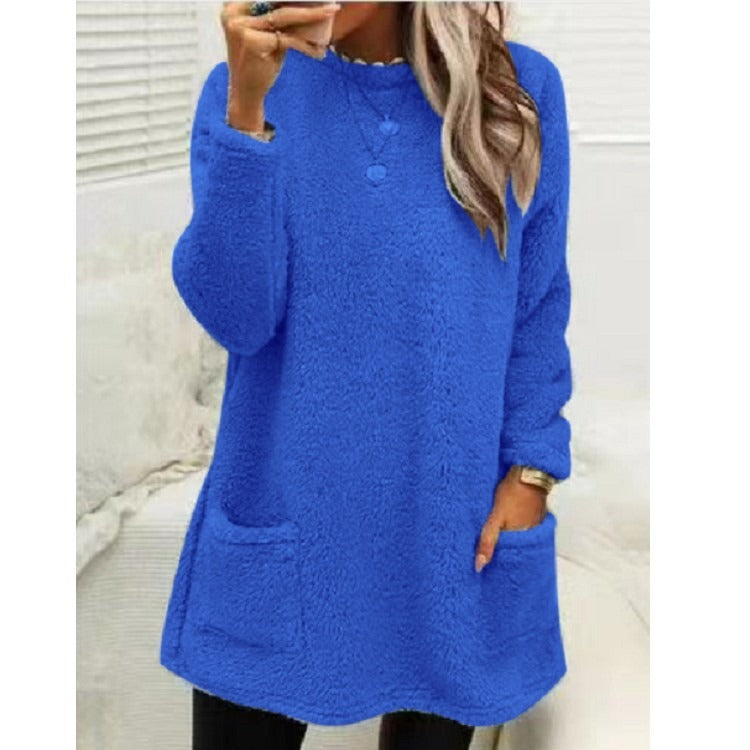 Round Neck Long Sleeve Pocket Double-Sided Velvet Sweater Women's Velvet