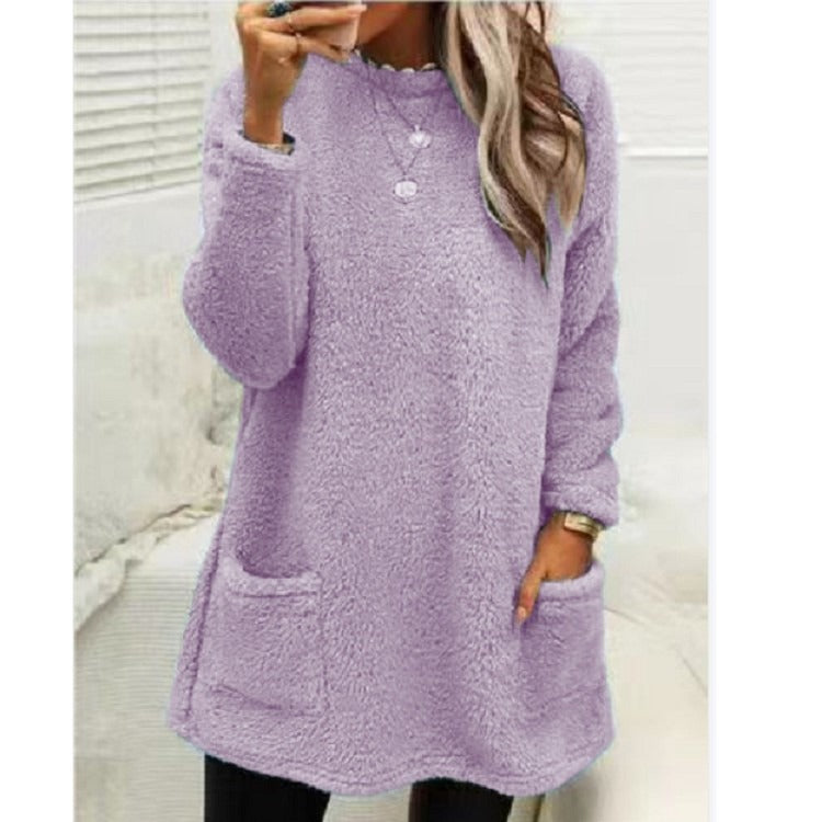 Round Neck Long Sleeve Pocket Double-Sided Velvet Sweater Women's Velvet