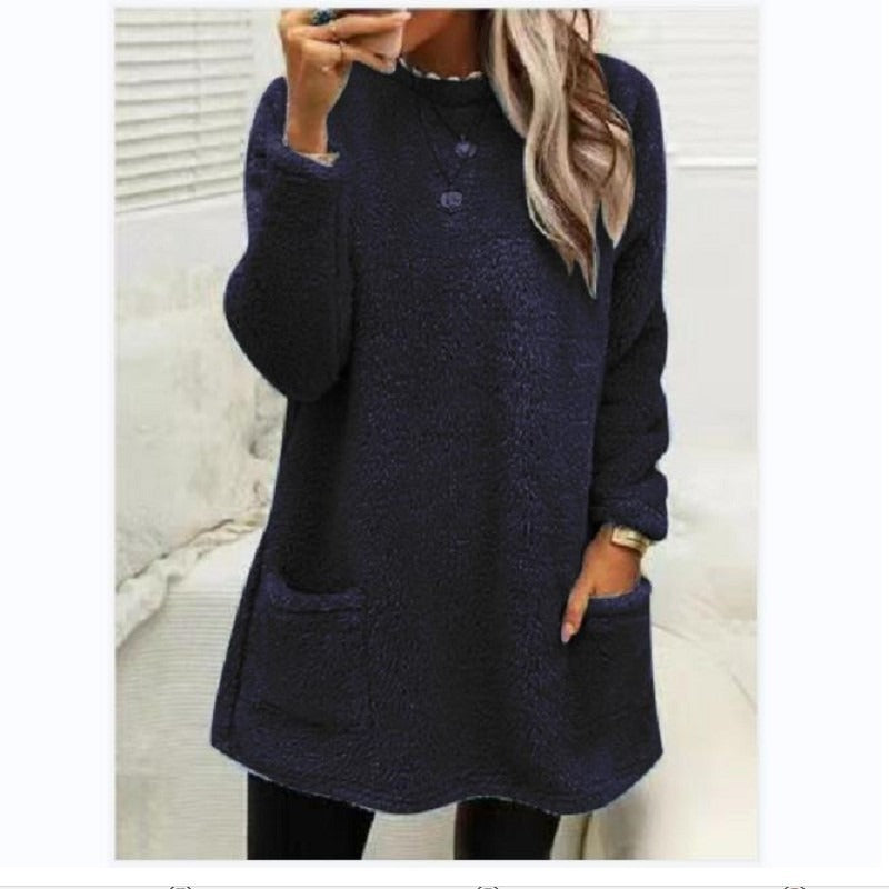 Round Neck Long Sleeve Pocket Double-Sided Velvet Sweater Women's Velvet