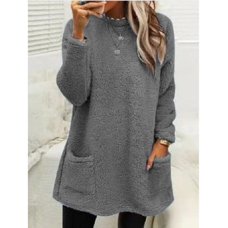 Round Neck Long Sleeve Pocket Double-Sided Velvet Sweater Women's Velvet