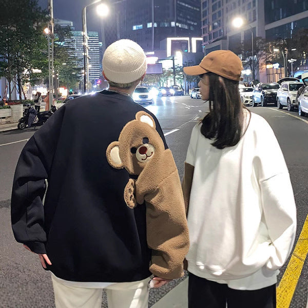 Cute Bear Cartoon Hoodie for Women Loose Fit Casual Couple Sweatshirt Autumn Winter Fashion Outerwear