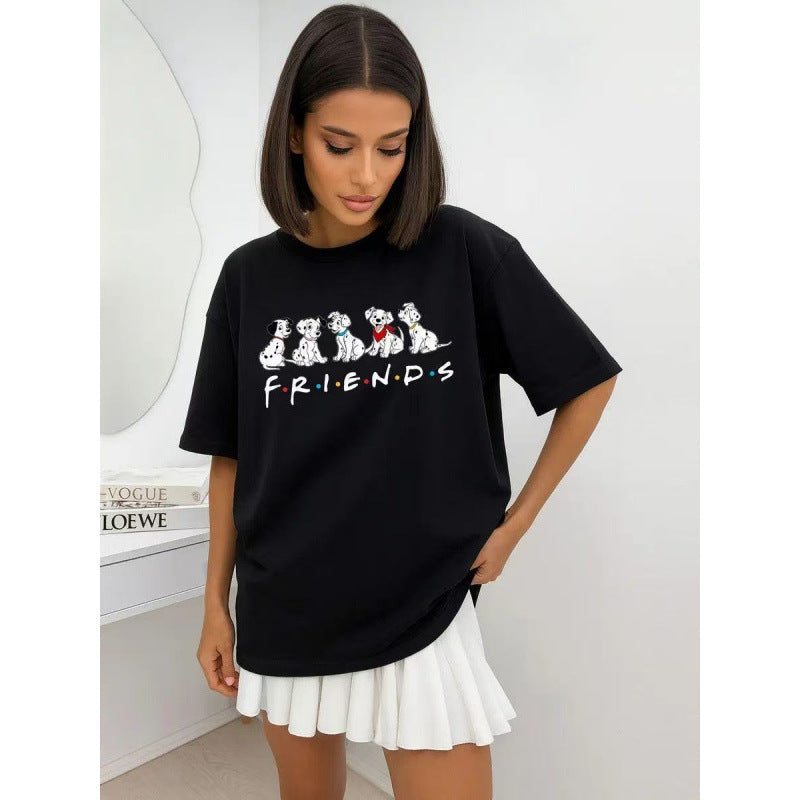 Spotted dog pattern round neck loose short sleeved top for women
