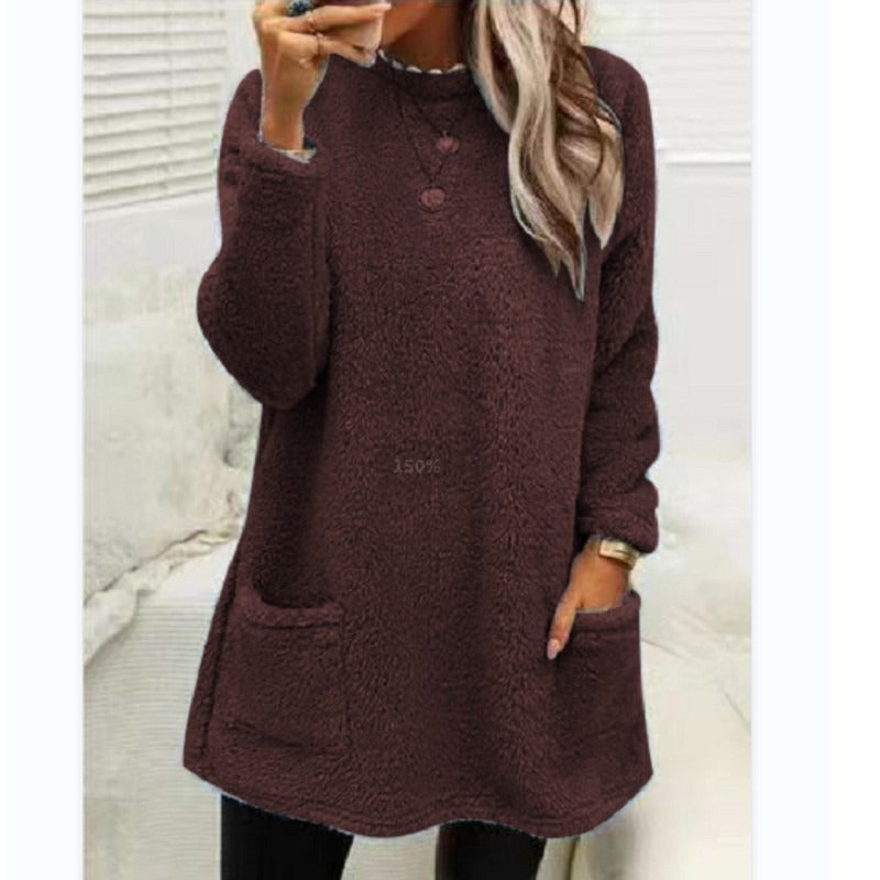 Round Neck Long Sleeve Pocket Double-Sided Velvet Sweater Women's Velvet
