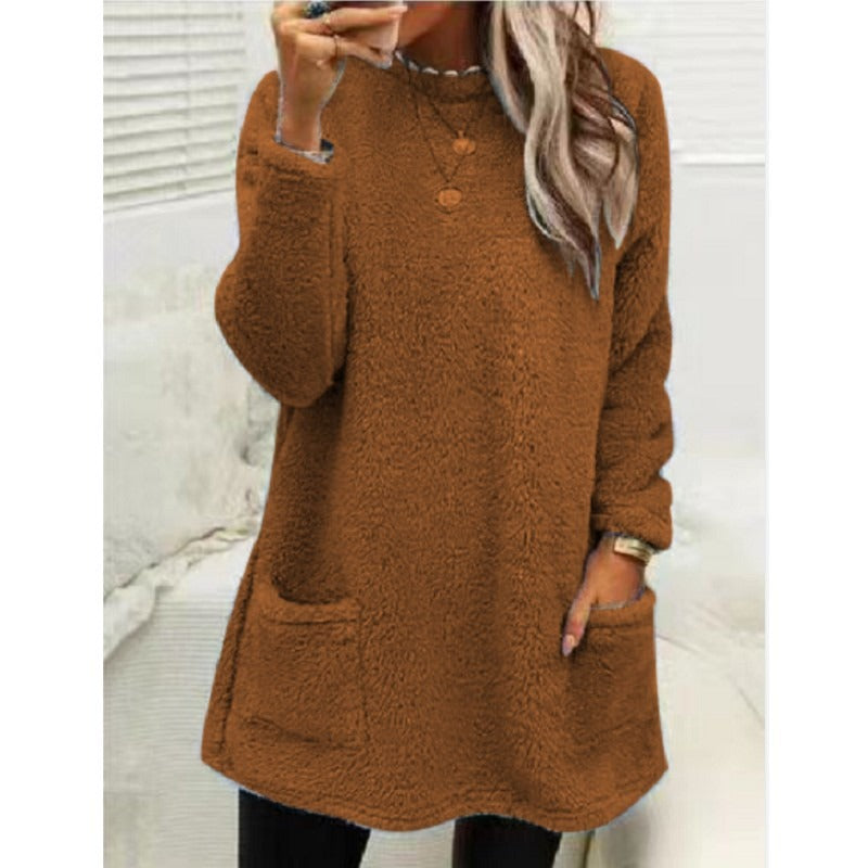 Round Neck Long Sleeve Pocket Double-Sided Velvet Sweater Women's Velvet