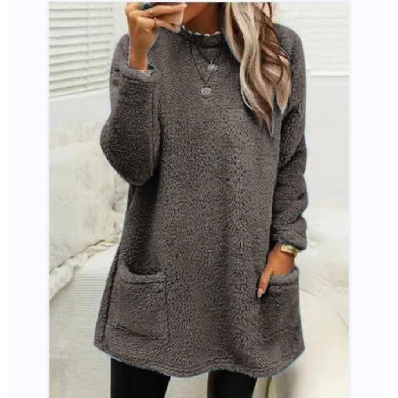 Round Neck Long Sleeve Pocket Double-Sided Velvet Sweater Women's Velvet