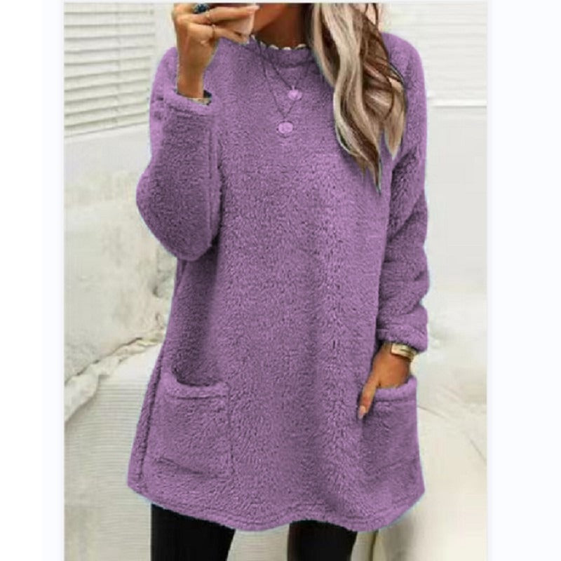 Round Neck Long Sleeve Pocket Double-Sided Velvet Sweater Women's Velvet