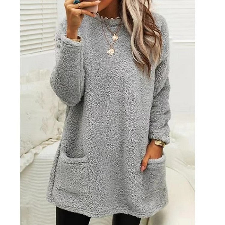 Round Neck Long Sleeve Pocket Double-Sided Velvet Sweater Women's Velvet